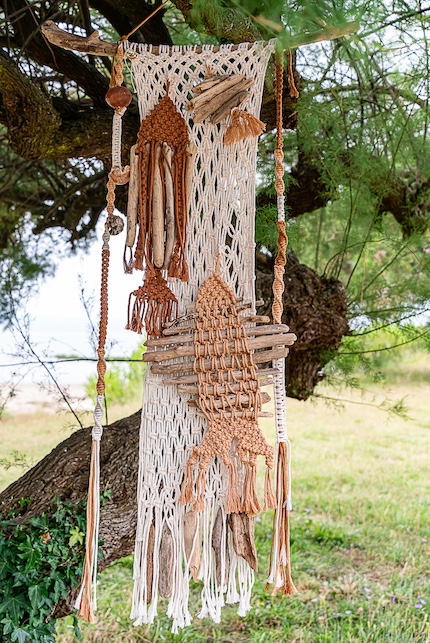 Filet de pêche macramé bois flotté avec poissons