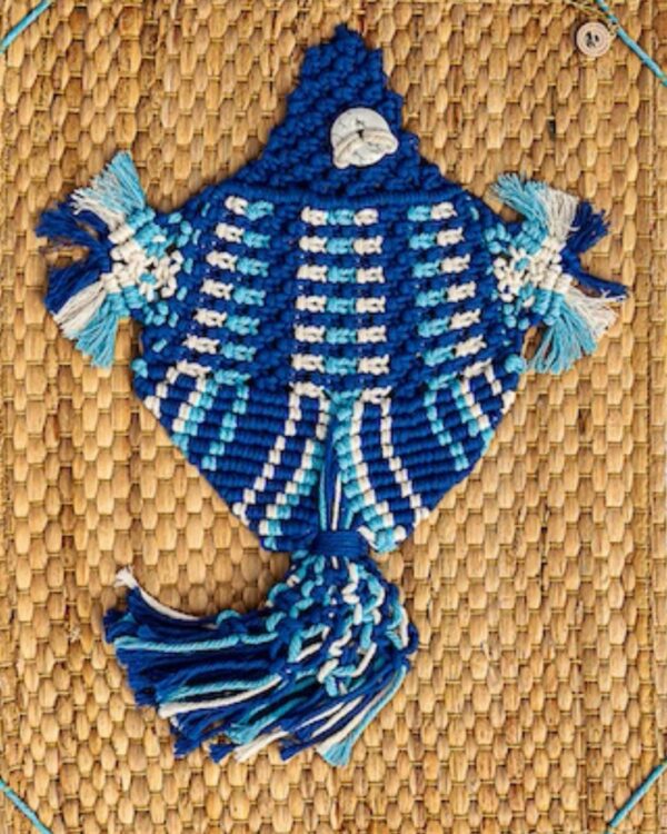 tableau poisson macramé tricolore bleu et blanc