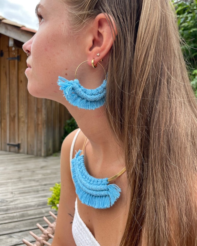 Bijoux macramé et acier inoxydable boucles d'oreilles macramé et acier inoxydable