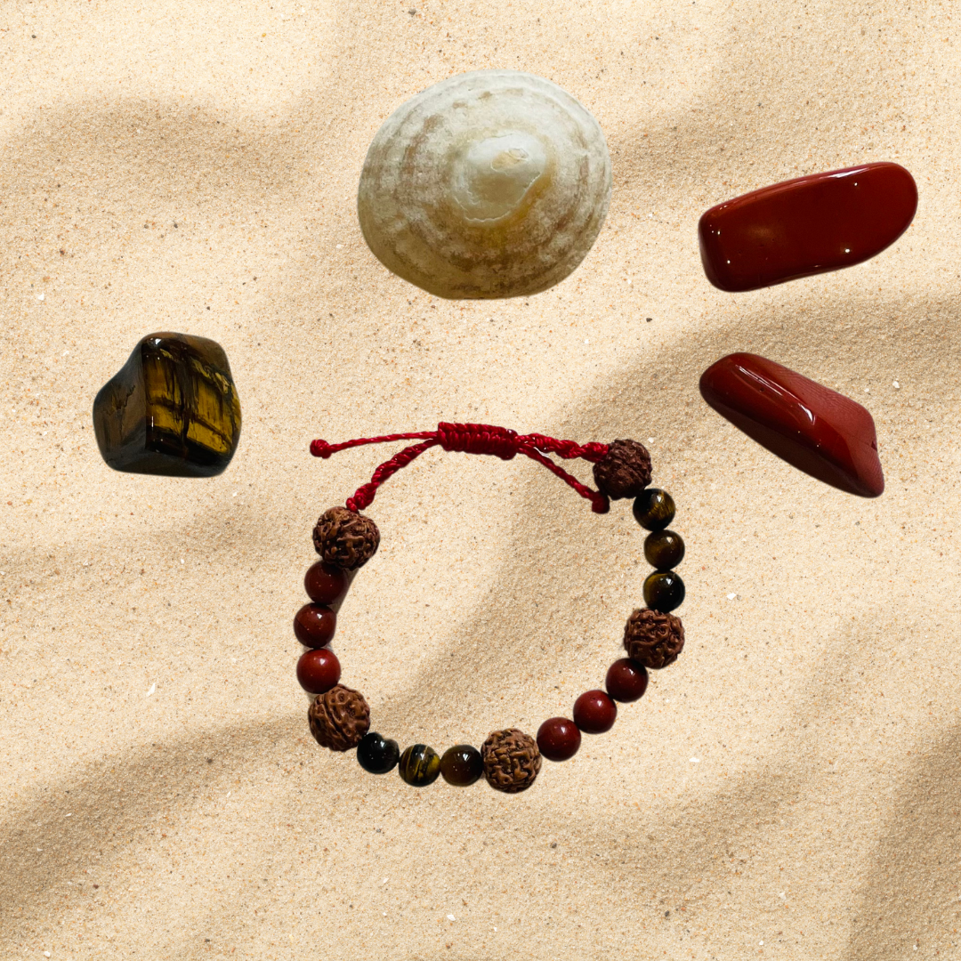 lesfiletsdelaparqueuse-valeriebienetrehoilistique-bracelet jaspe rouge oeil de tigre et rudraksha