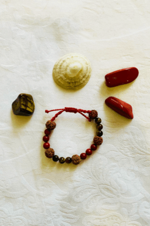 Bracelet en jaspe rouge, œil de tigre et rudraksha, amulette vibratoire artisanale pour force et ancrage